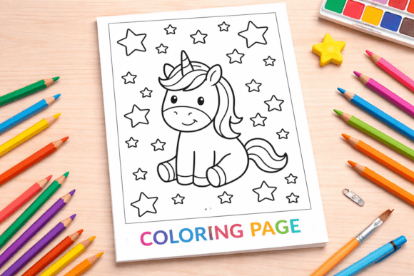Download Cute Sitting Unicorn with Stars Coloring - Sitting unicorn Collection